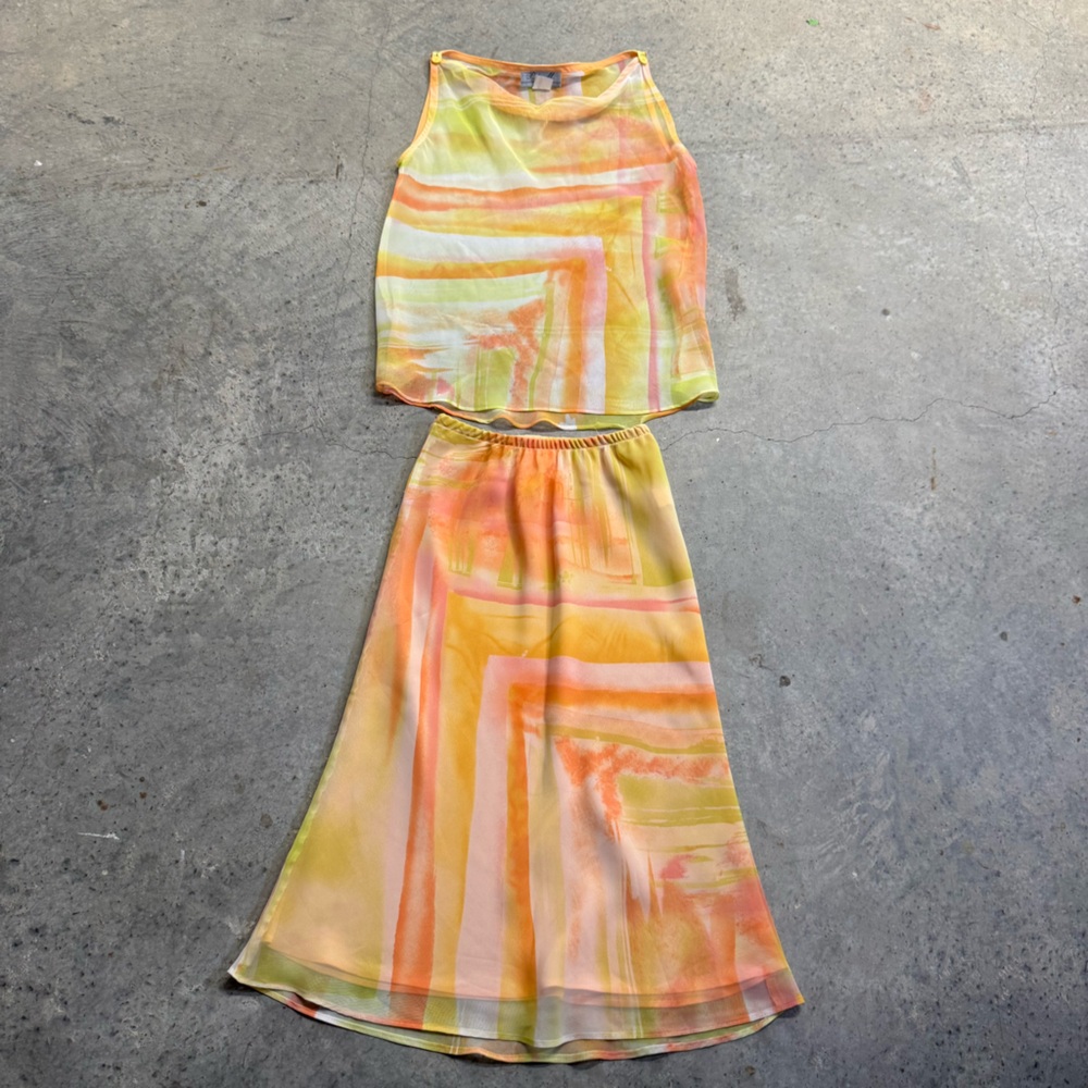 Vintage Y2k P&M Women's Orange Yellow‎ Sunset Sheer Tank Skirt Set Size S Retro